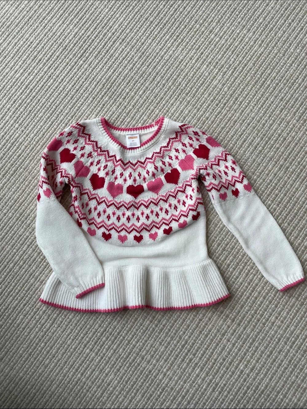 Gymboree White Sweater with Pink and Dark Pink Heart Fair Isle Yoke